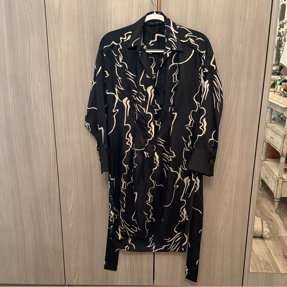 Zara Black Midi Dress with Cream Abstract Print